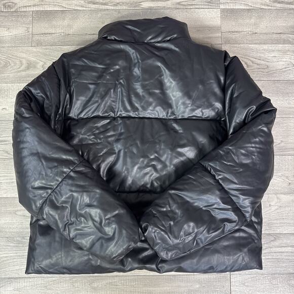 Old Navy Snap Front Faux Leather Puffer Jacket Coat Black sz S - Picture 6 of 7